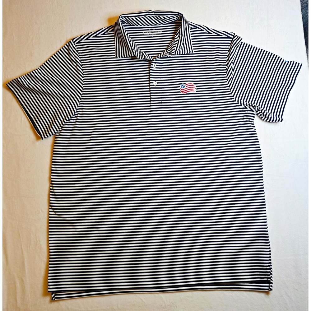 Vineyard Vines Mens Large Polo Shirt Navy White Stripe American Flag Whale Logo